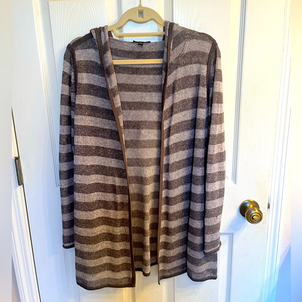 Eileen Fisher Petite Charcoal and Light Gray Long Striped Sweater with Hood